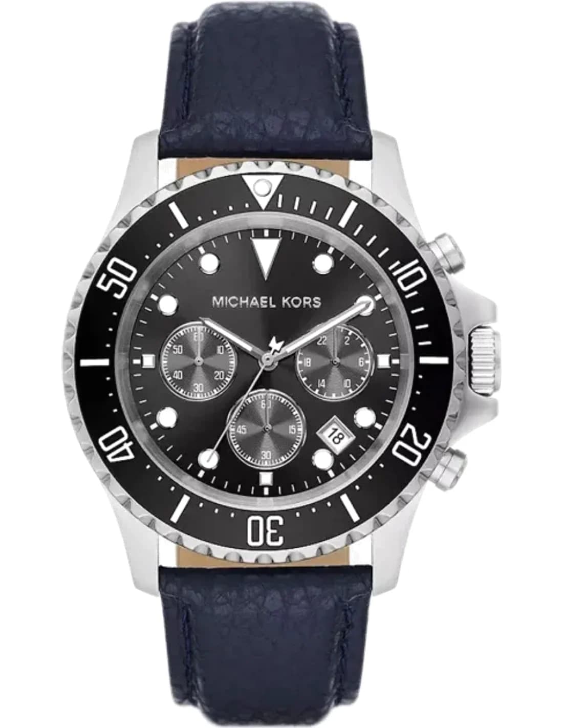 Montre Michael Kors Everest MK9091 chronographe à cadran noir Bracelet en cuir bleu marine grainé