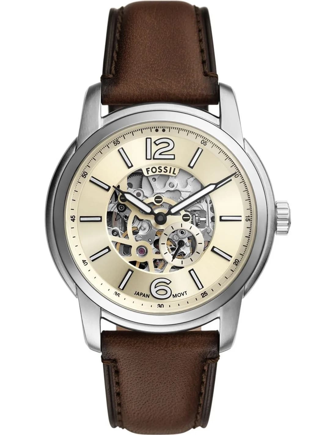 Montre Homme Fossil Heritage ME3264 cadran squelette beige crème bracelet cuir