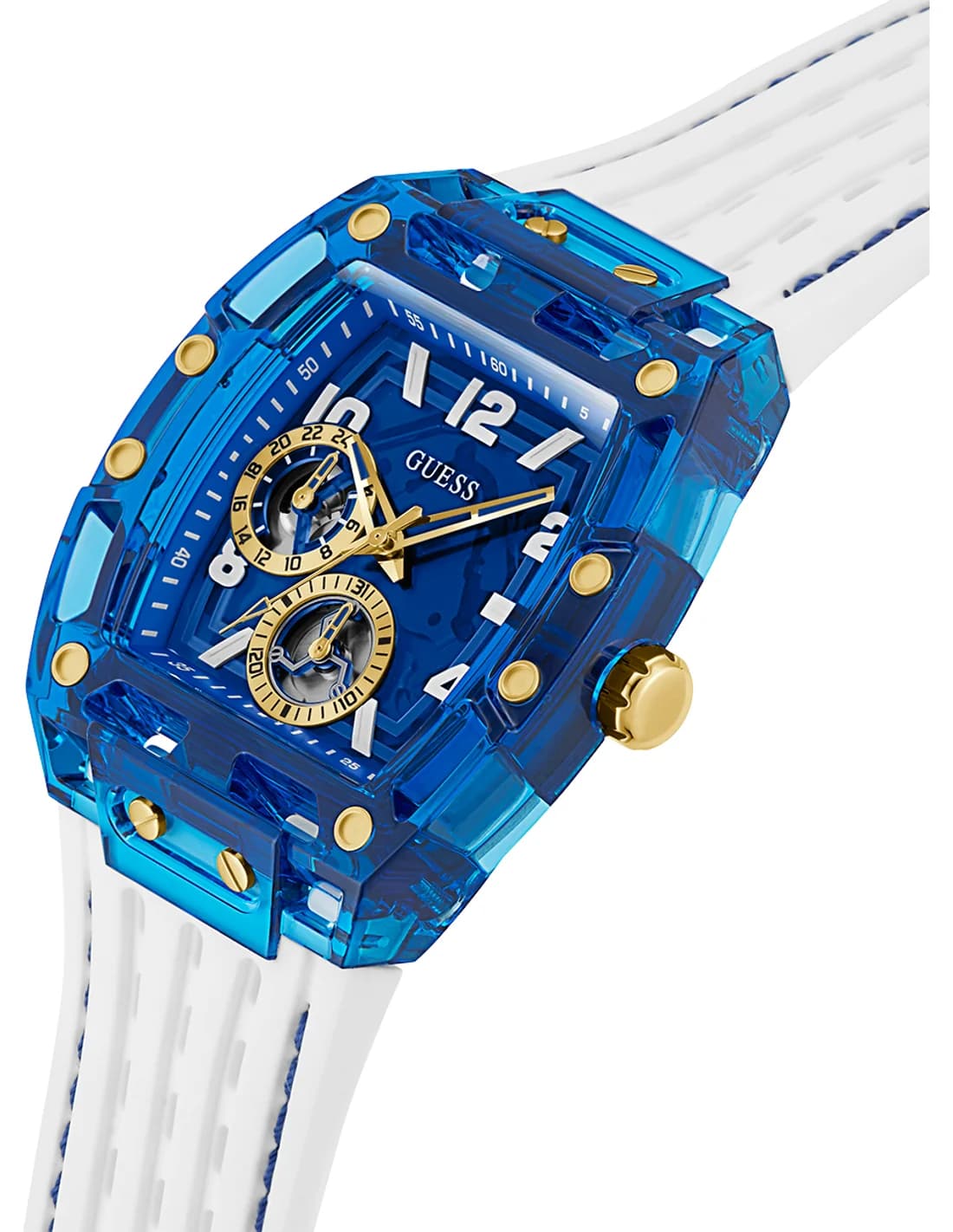 Montre Homme Guess Phoenix GW0499G6 cadran bleu bracelet silicone blanc