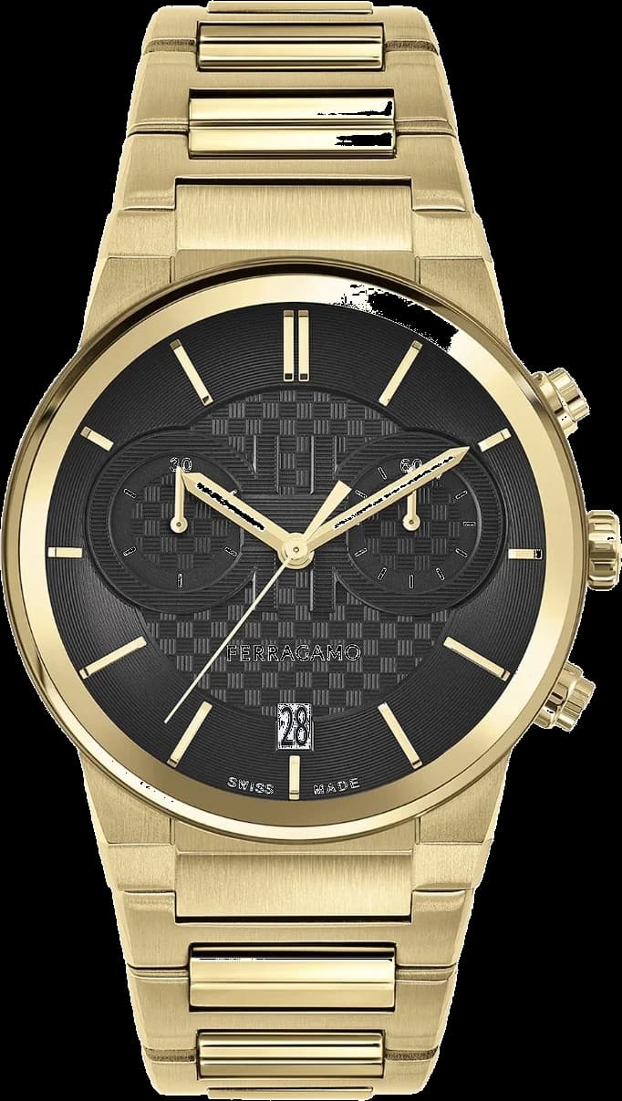 Montre Salvatore Ferragamo 611224 766037 Chronographe Acier IP Or Jaune et Cadran Noir