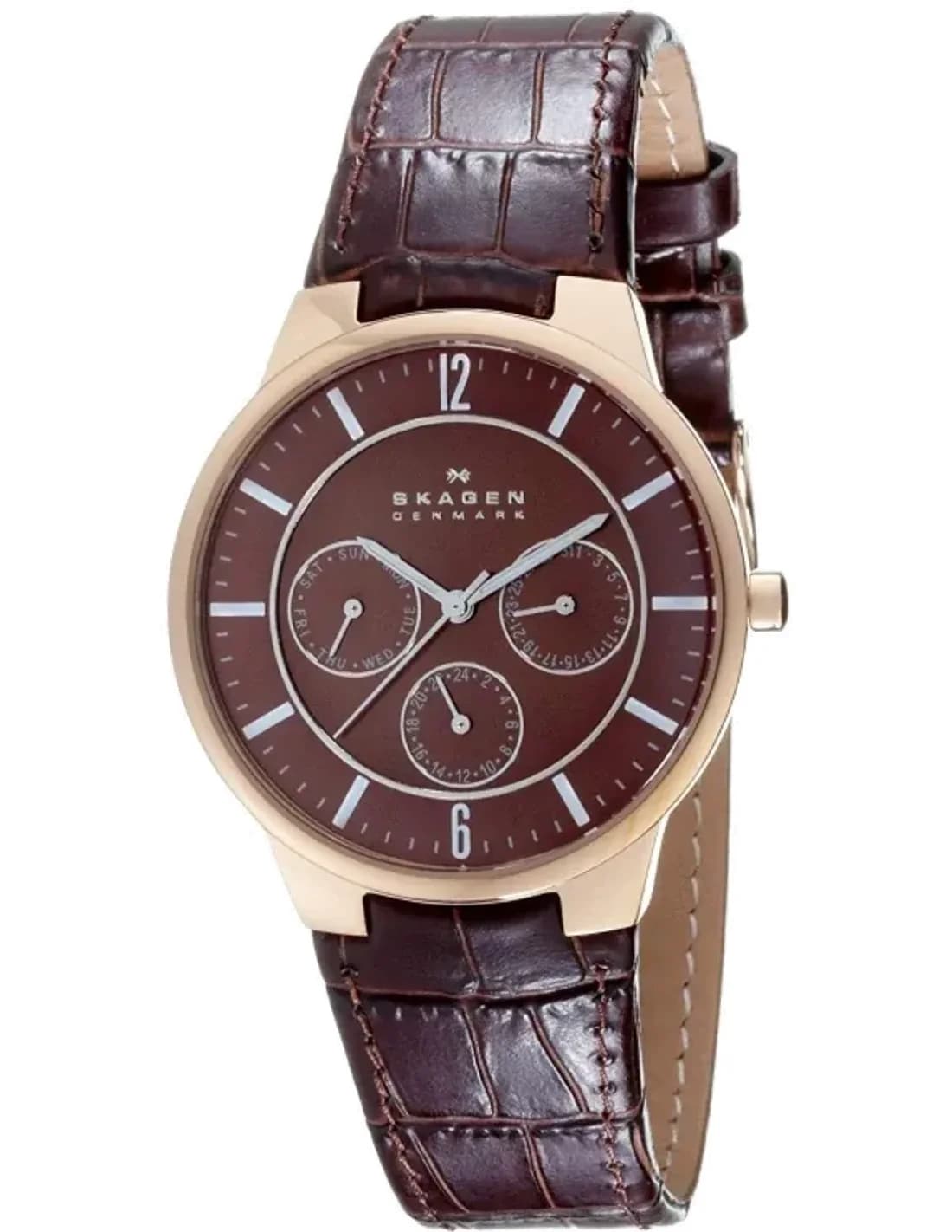 Montre Skagen 331XLRLD Bracelet Cuir Brun et Boîtier Or Rose
