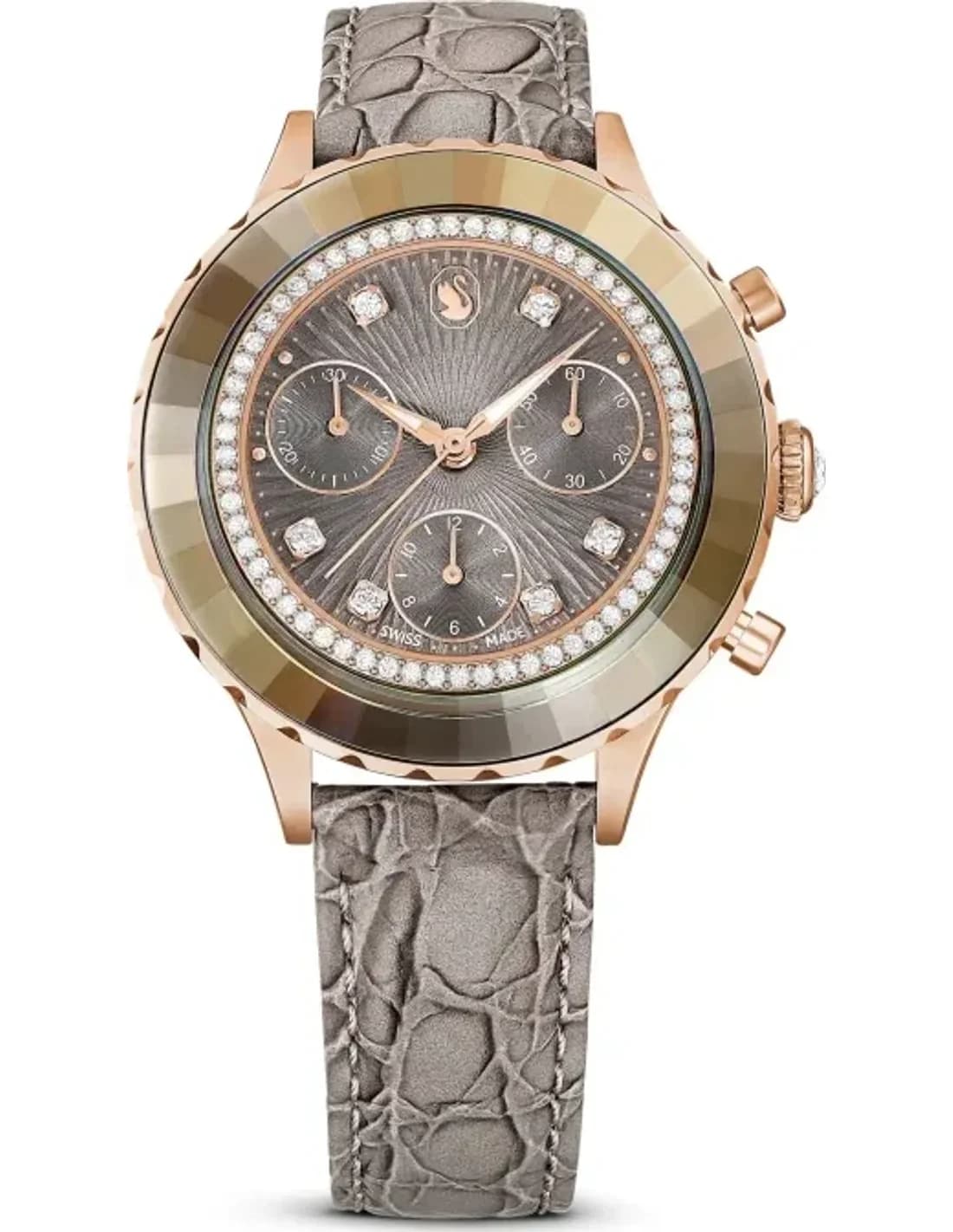 Montre Swarovski Octea Lux Chrono 5671153 bracelet cuir gris finition or rose