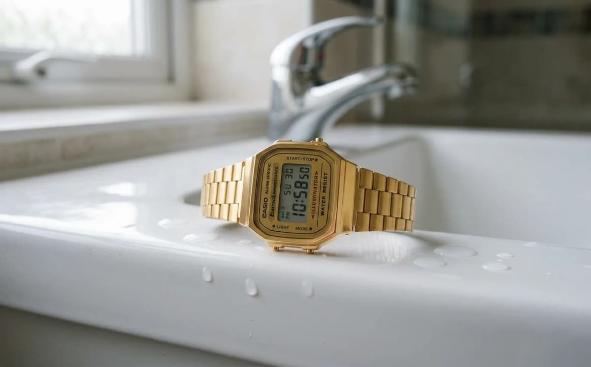 Montre Casio A168WG-9EF dorée posée au bord d'un lavabo en céramique, gouttes d'eau à distance : le danger des éclaboussures pour une Casio vintage