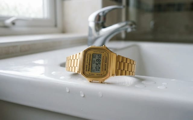 Montre Casio A168WG-9EF dorée posée au bord d'un lavabo en céramique, gouttes d'eau à distance : le danger des éclaboussures pour une Casio vintage