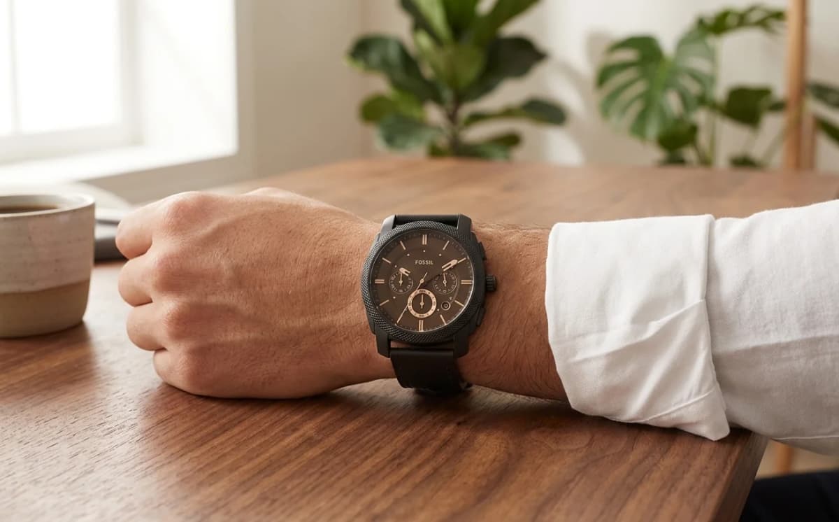 Montre Fossil FS5586 chronographe bracelet cuir marron portée au poignet d'un homme moderne en chemise blanche