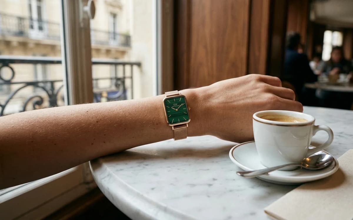Montre rectangulaire femme Daniel Wellington Quadro DW00100437 cadran vert malachite maille or rose portée au poignet, héritière de l'esprit Cartier Tank