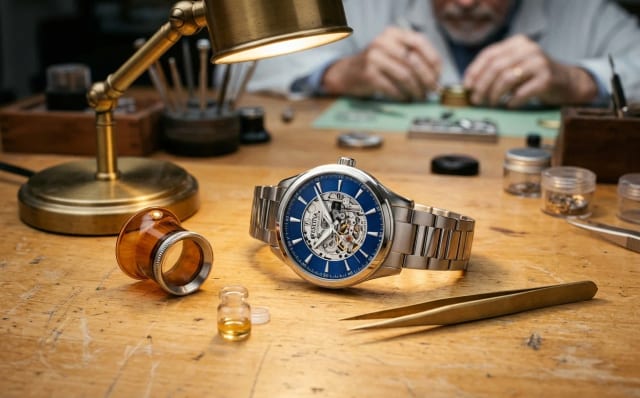 Montre squelette automatique Festina F20536/3 mouvement ajoure integral posee sur un etabli d'horloger avec outils