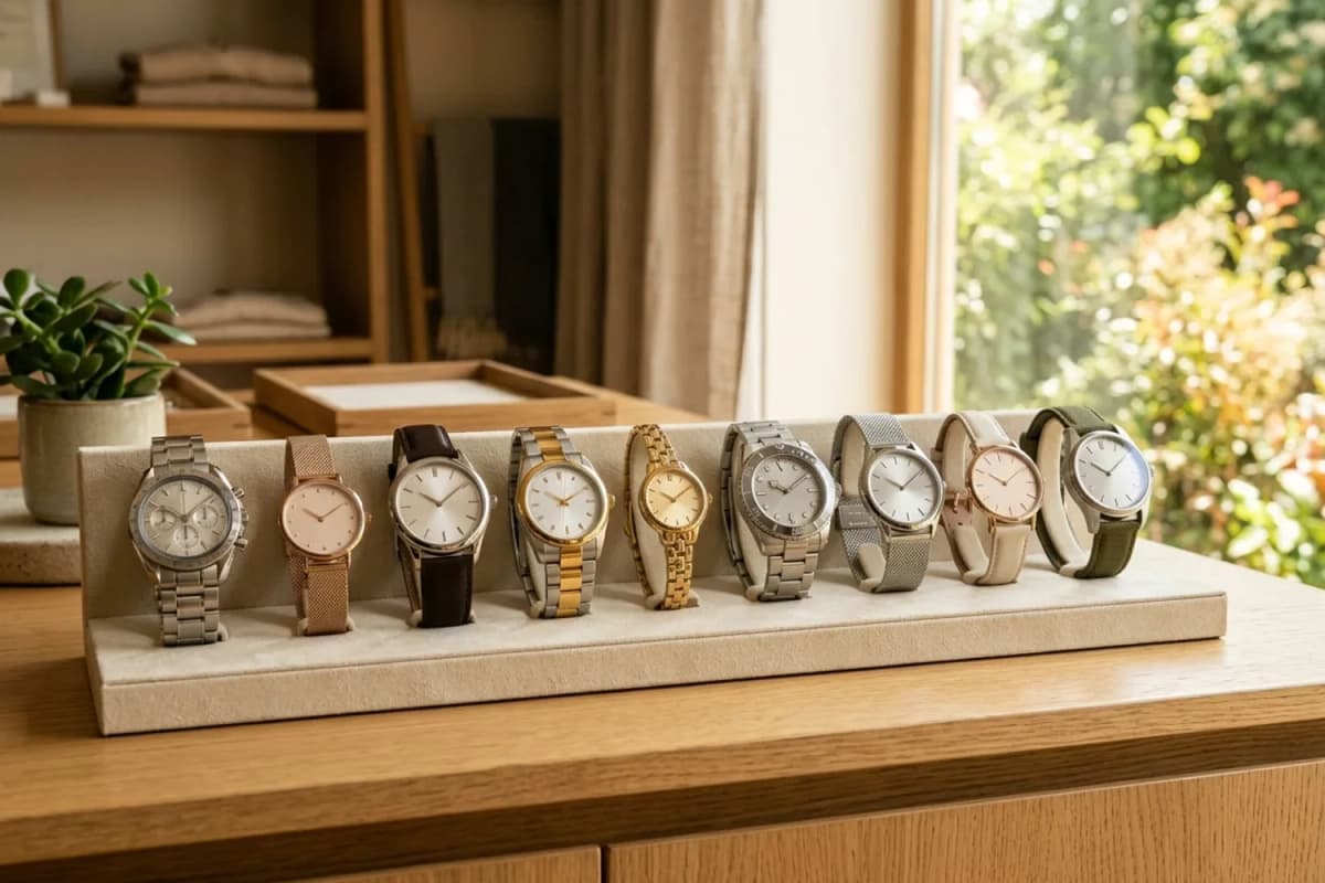 Sélection de montres homme et femme en solde, mise en scène éditoriale soldes d'été Montres Outlet