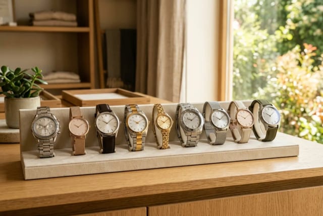 Sélection de montres homme et femme en solde, mise en scène éditoriale soldes d'été Montres Outlet