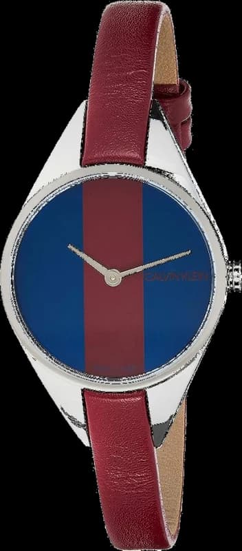 Montre Femme Calvin Klein Rebel K8P231UN quartz bicolore cadran bleu bracelet cuir bordeaux