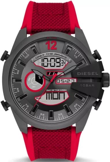 Diesel DZ4551 Mega Chief Men's Watch 51mm Grey Dial Red Nylon and Silicone Bracelet