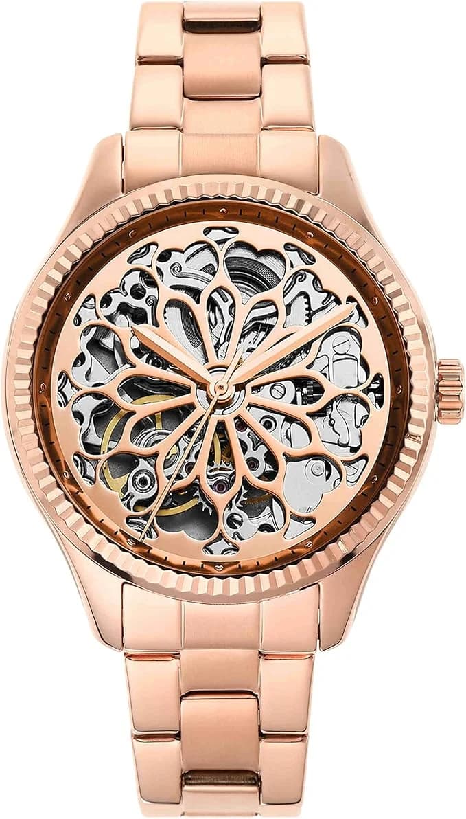 Fossil BQ3754 Rye Automatic Women's Watch Rose Gold Dial Stainless Steel Bracelet