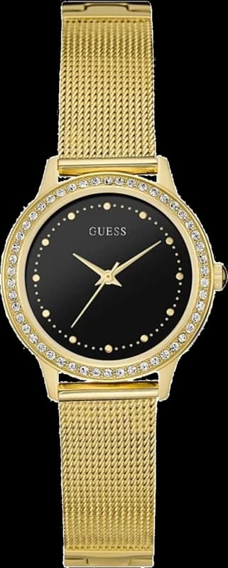 Montre Femme Guess Boîtier doré W0647L8 Cadran noir Bracelet en maille d'acier inoxydable Quartz