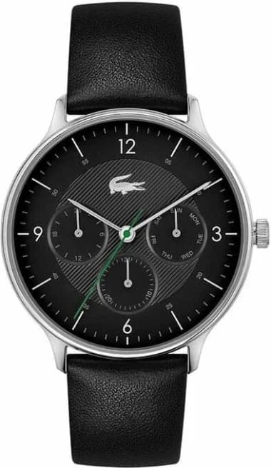 Lacoste 2011139 Silver Stainless Steel Men's Watch with Black Leather Strap and Multifunctional Dial